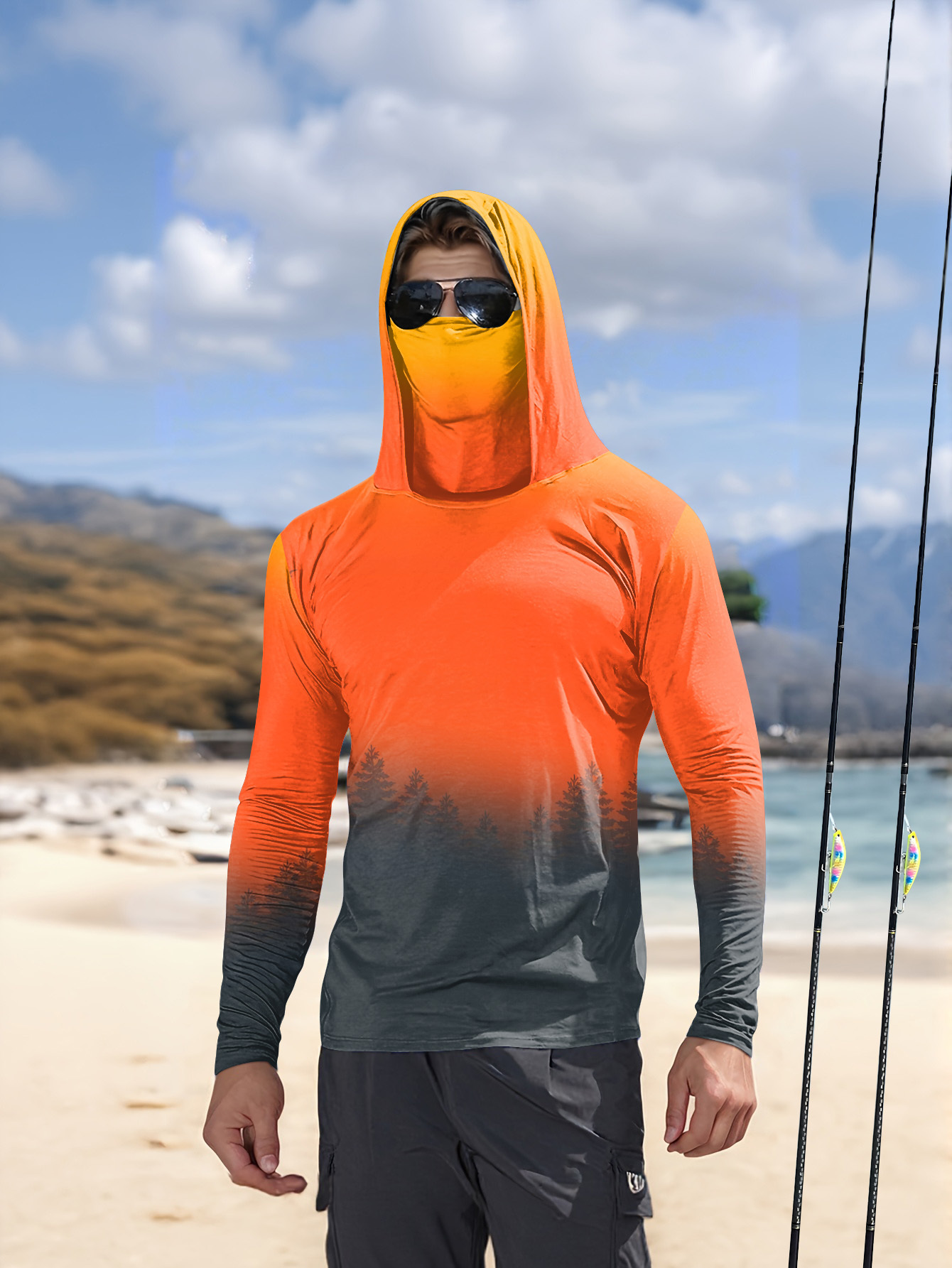Fishing Hoodie - メンズ グラデーションフォレストプリント 日焼け止め フィッシングフーディー フェイスマスク付き 速乾性