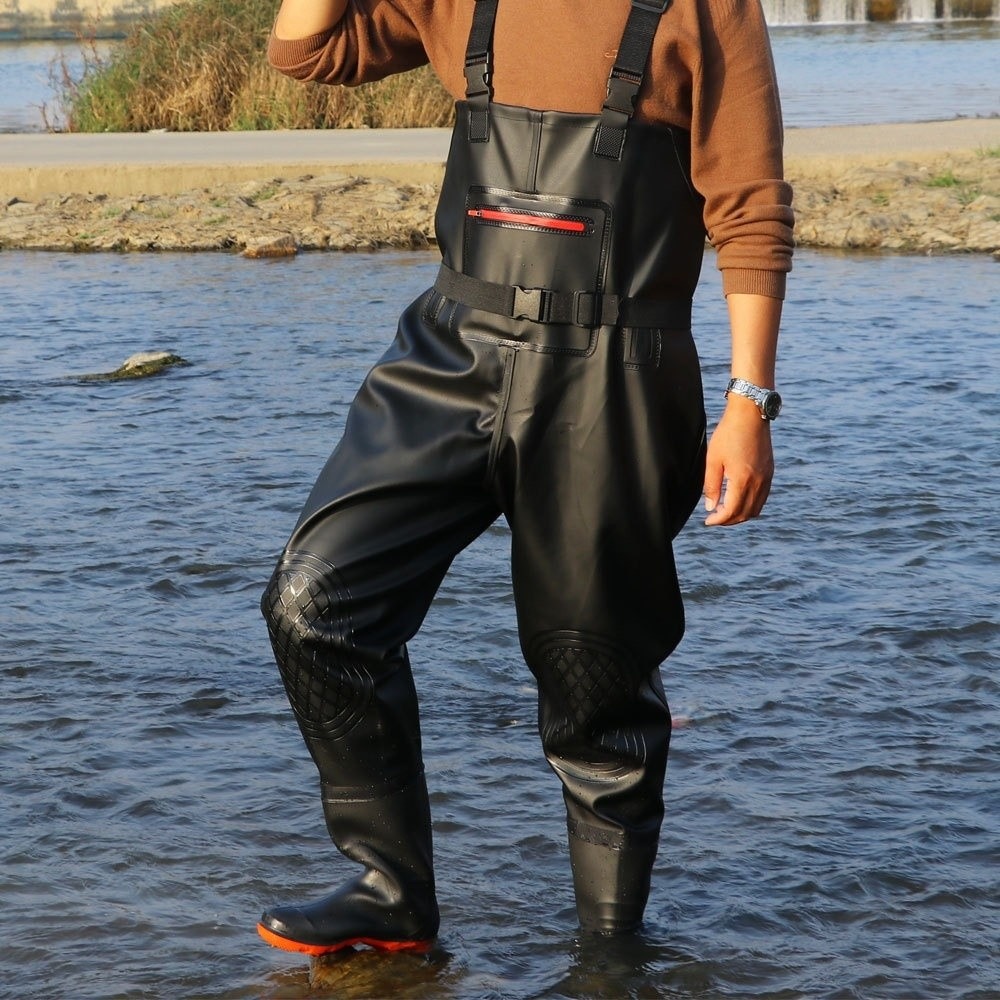 Fishing Pants Waterproof - 便利なPVC釣り用スーツ、二重膝パッド付き厚手デザインオーバーオール、ブーツ付き防水ウェーダーパンツ、狩猟・農業用